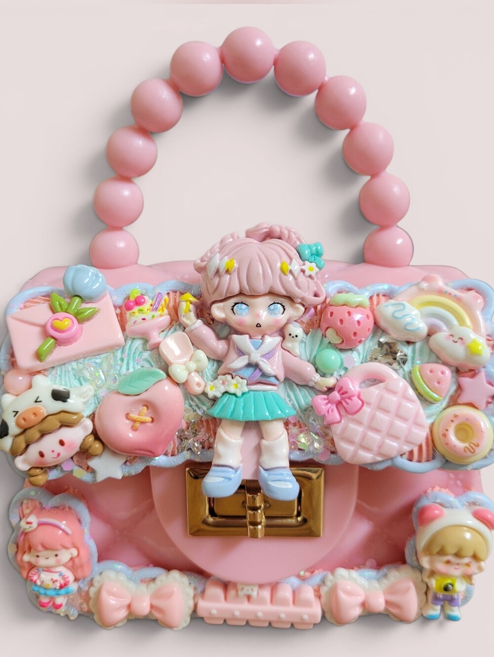 Kawaii Pink Beaded Handle Mini Purse with Cute Doll Charms
